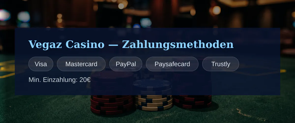 Vegaz Casino — Zahlungsmethoden: Visa, Mastercard, PayPal, Paysafecard, Trustly