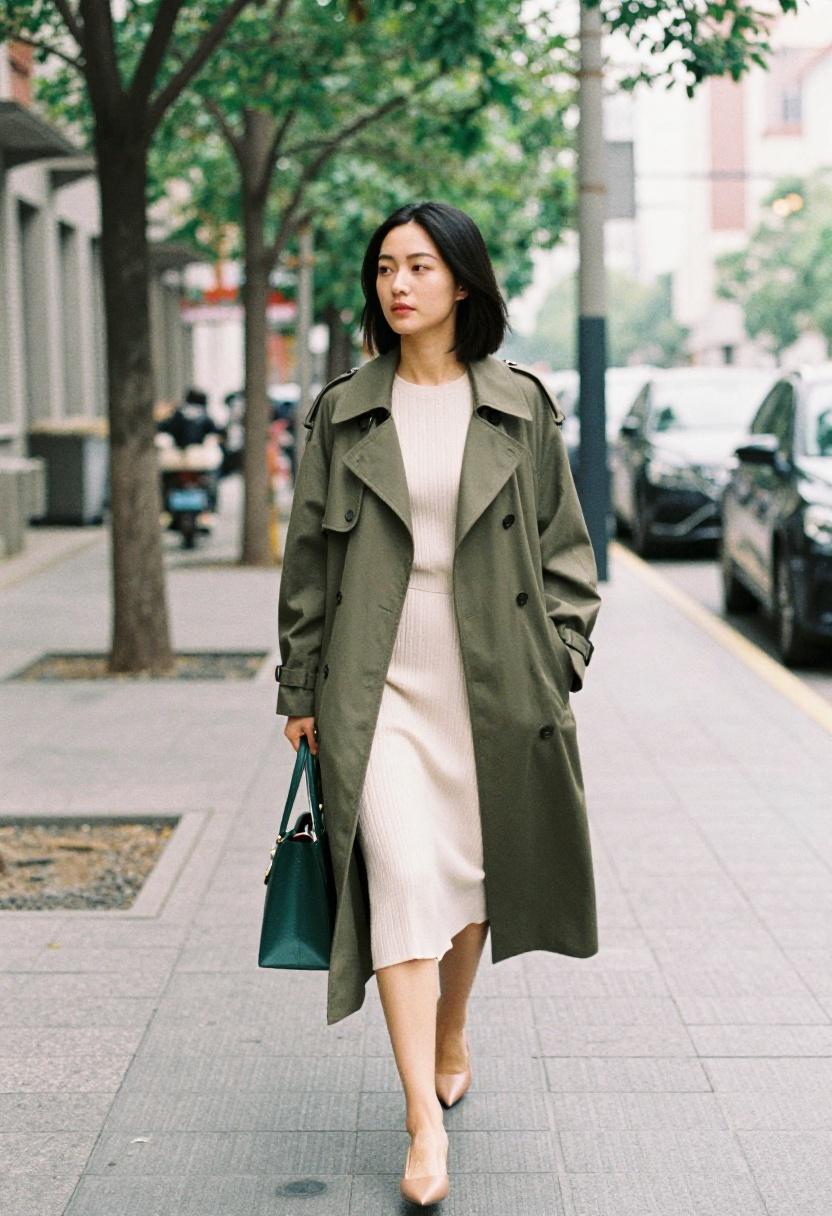 Belted clover-green oversized trench coat over a cream midi dress on city streets