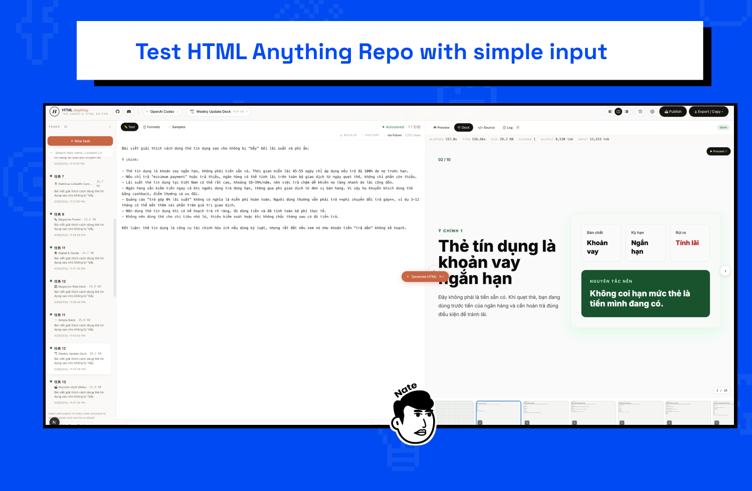 Giao diện html-anything với live preview HTML được generate từ nội dung thẻ tín dụng - template picker bên trái, output ở giữa, metadata bên phải