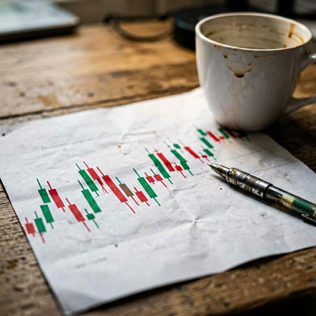 Macro shot of red and green candlestick chart printed on slightly crumpled white paper, half-empty coffee cup with ring stain, mechanical pe