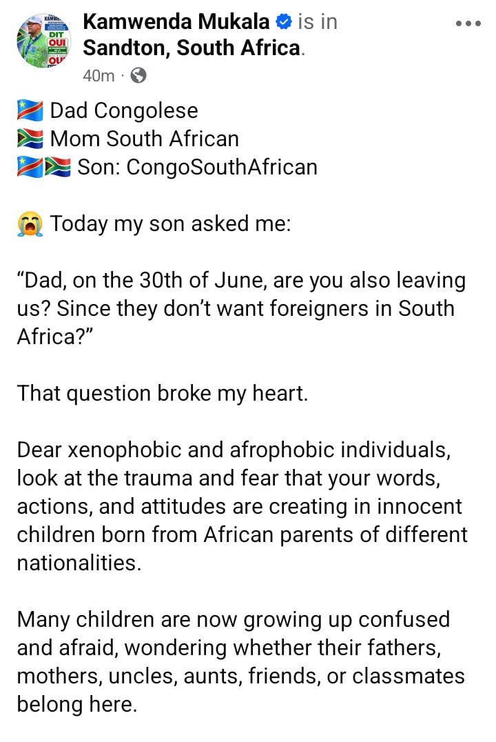 Dad, are you also leaving us? Congolese man married to South African woman addresses xenophobic individuals after his son