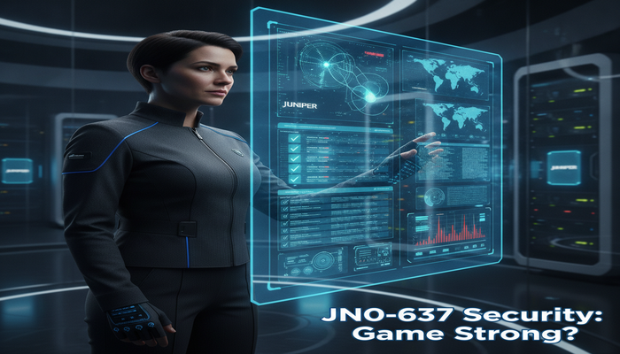 JN0-637 Security: Game Strong? A network security professional confidently analyzing a complex Juniper security topology on a holographic display in a modern NOC, with the text 'JN0-637 Security: Game Strong?'