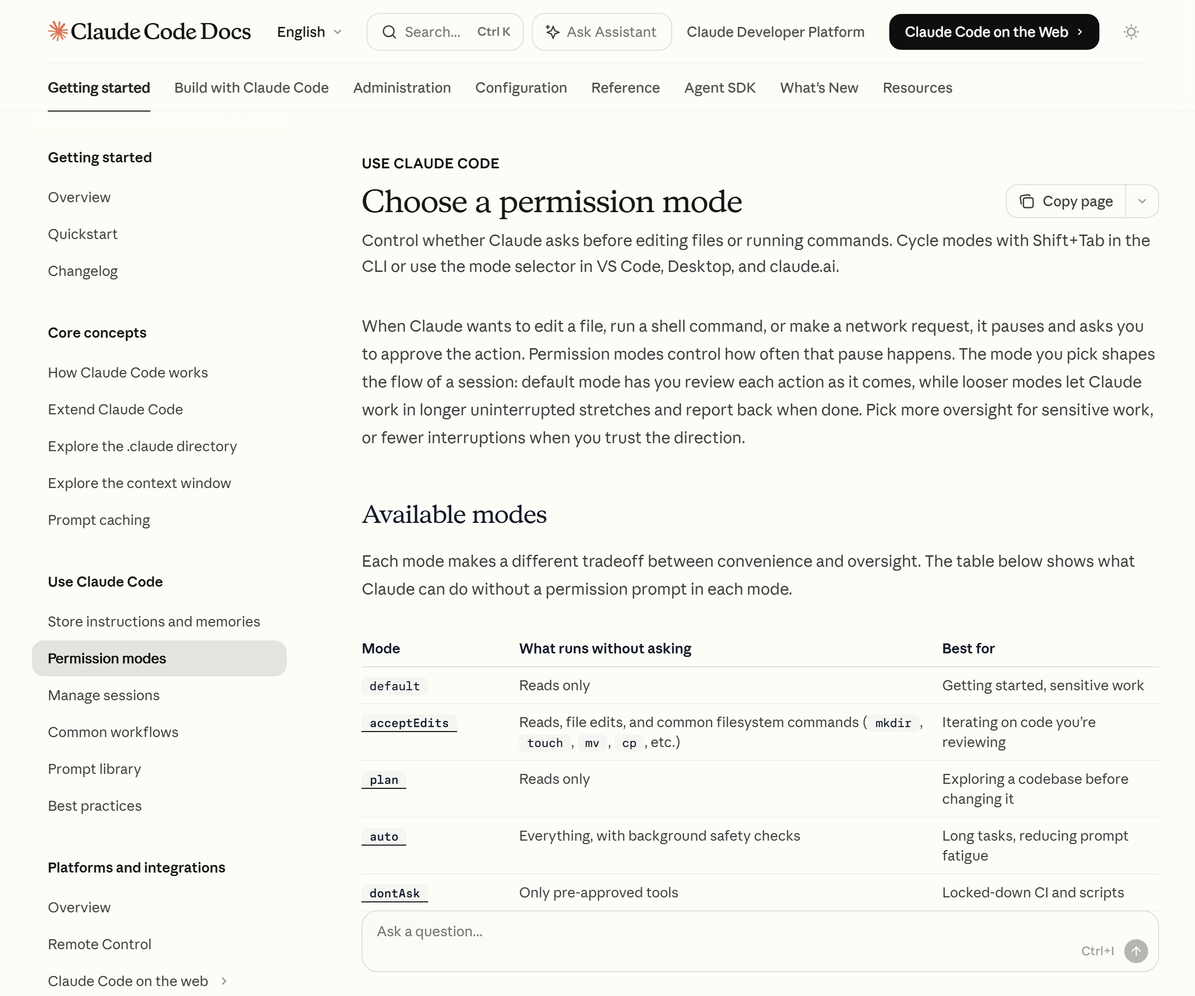 Claude Code official docs — the permission-mode selection page (comparing default, acceptEdits, plan, auto, and dontAsk, including auto mode) (Source: Claude Code official docs)