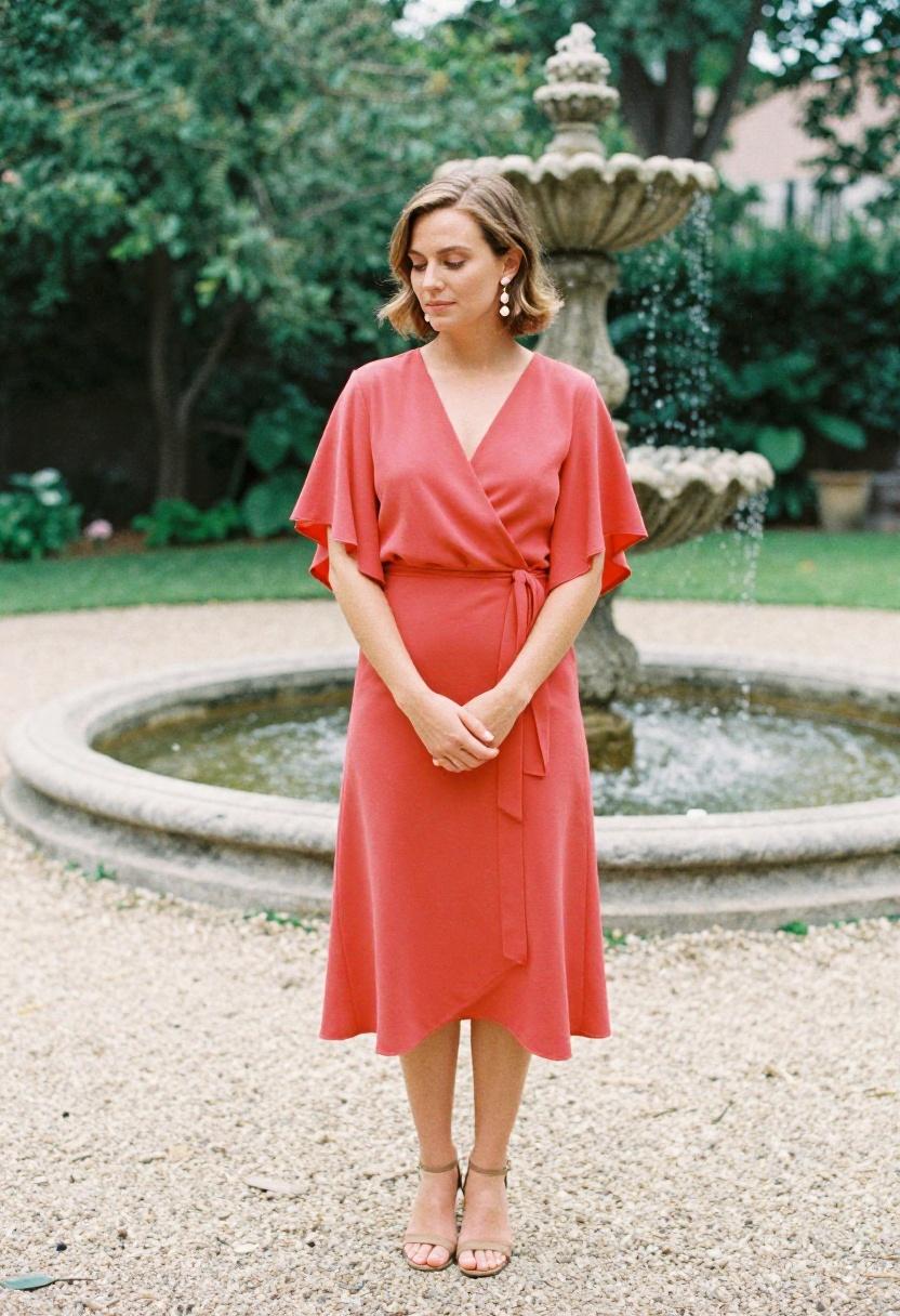 Coral midi wrap dress with flutter sleeves for spring garden brunch celebration