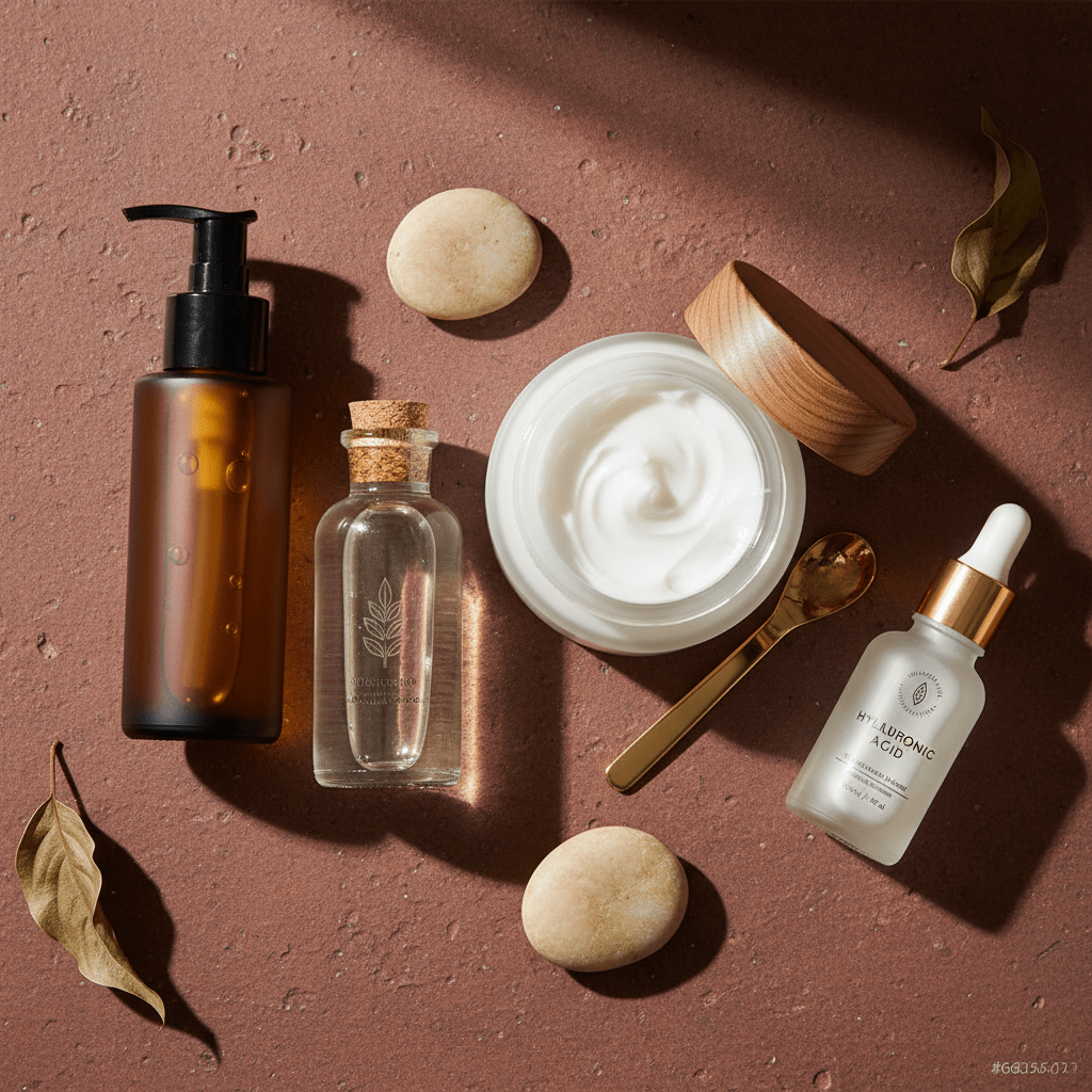 Skincare products and humectants flat lay