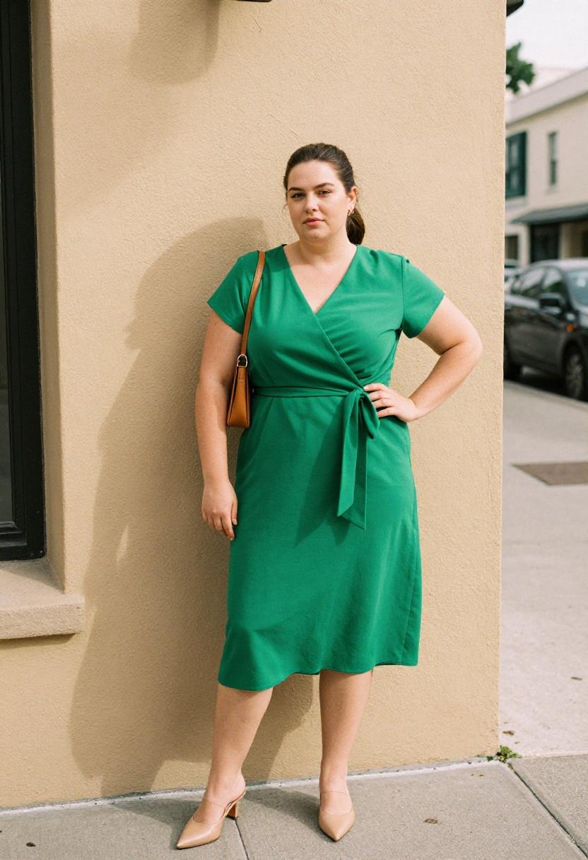 Plus size woman in emerald green wrap dress with structured bodice against stucco wall