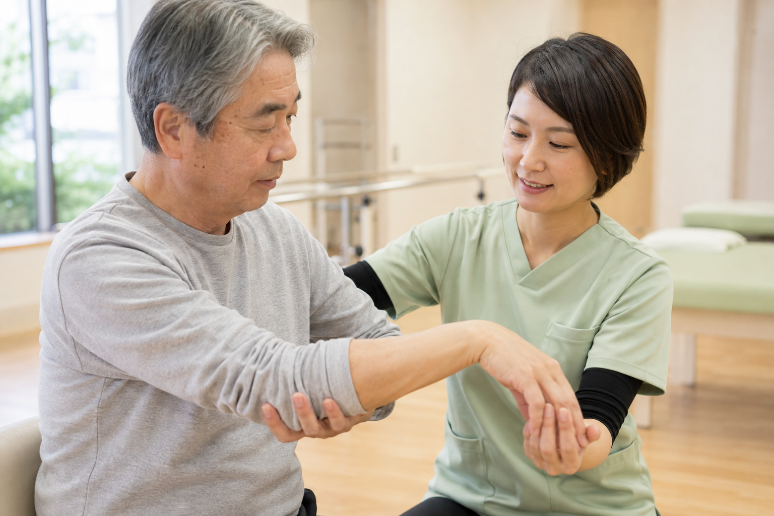 脳卒中後の上肢に対して療法士と無理のない範囲で動作練習を行う場面