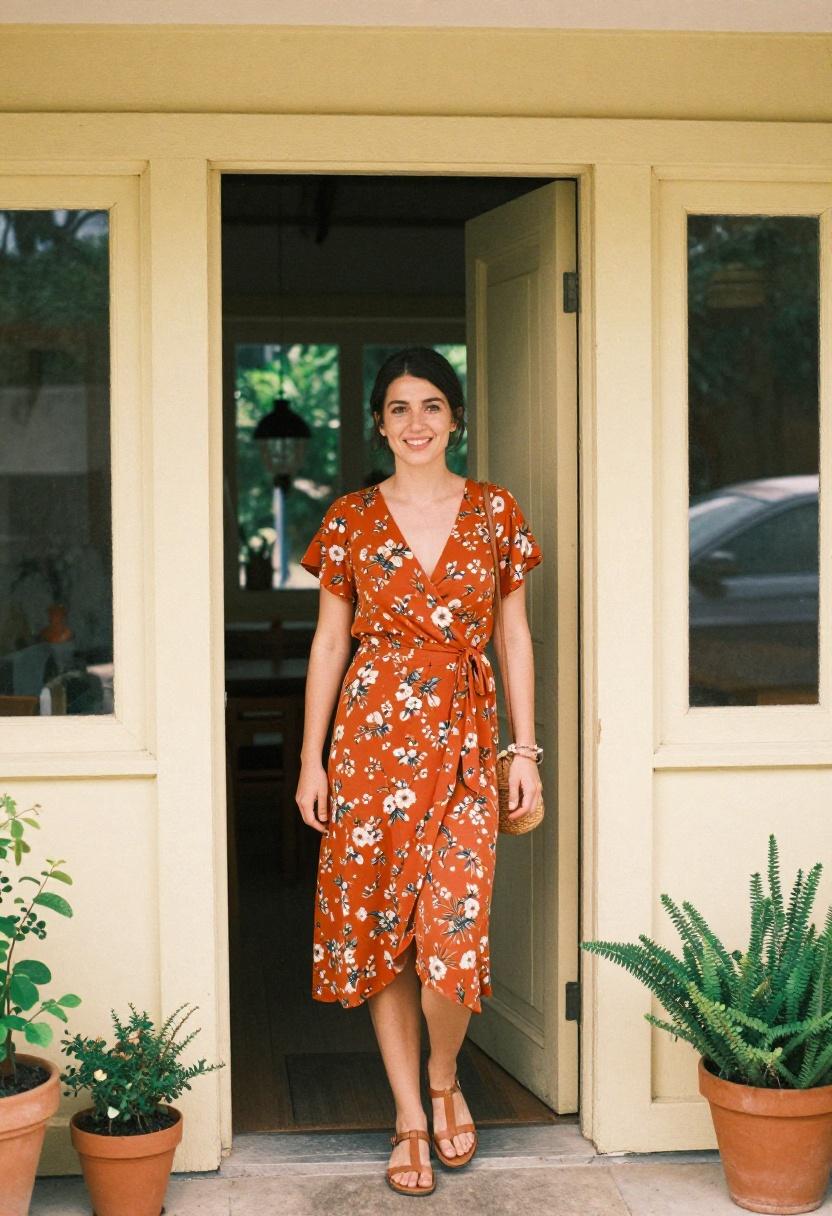 Burnt-orange floral wrap dress with flutter sleeves at a cottage doorway