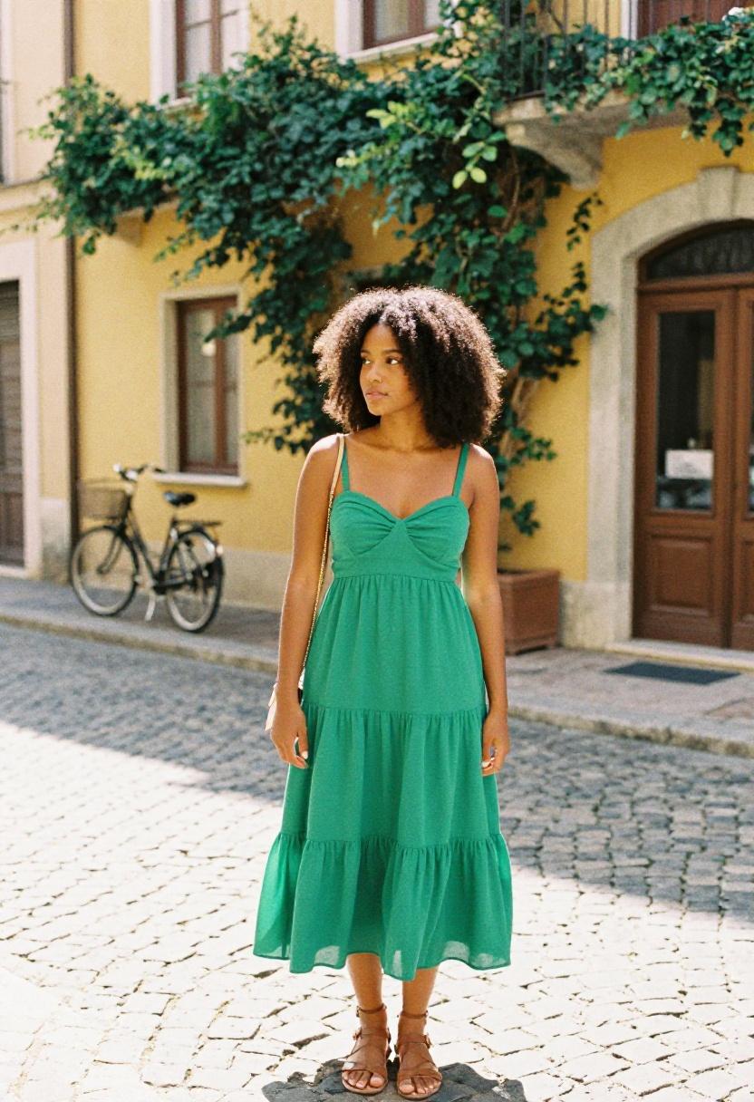 Emerald green tiered sundress on a European cobblestone street in warm afternoon light