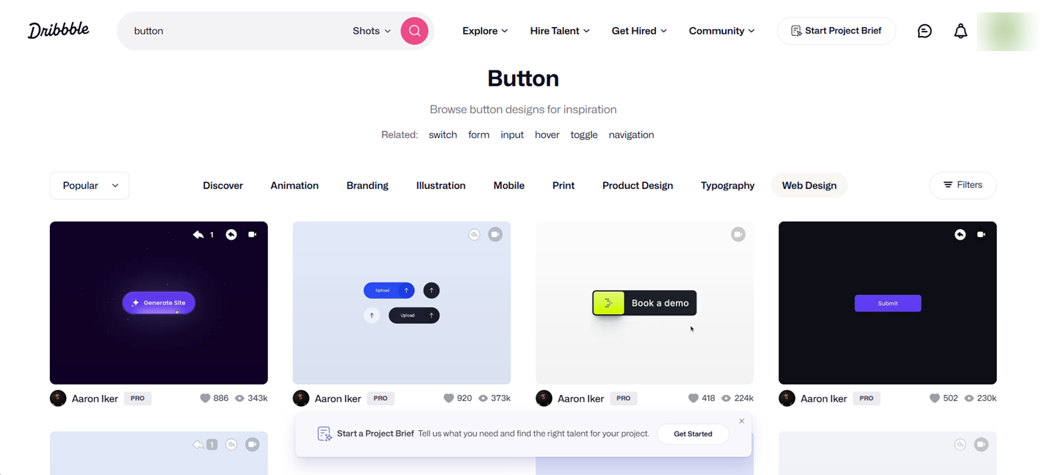 在 Dribbble 搜尋 button、切到 Web Design 分類的畫面，一整排不同風格的按鈕設計參考縮圖