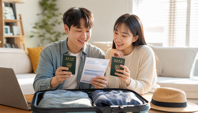 여행자들이 가정환경에서 여권과 여행 보험 서류를 준비하는 모습