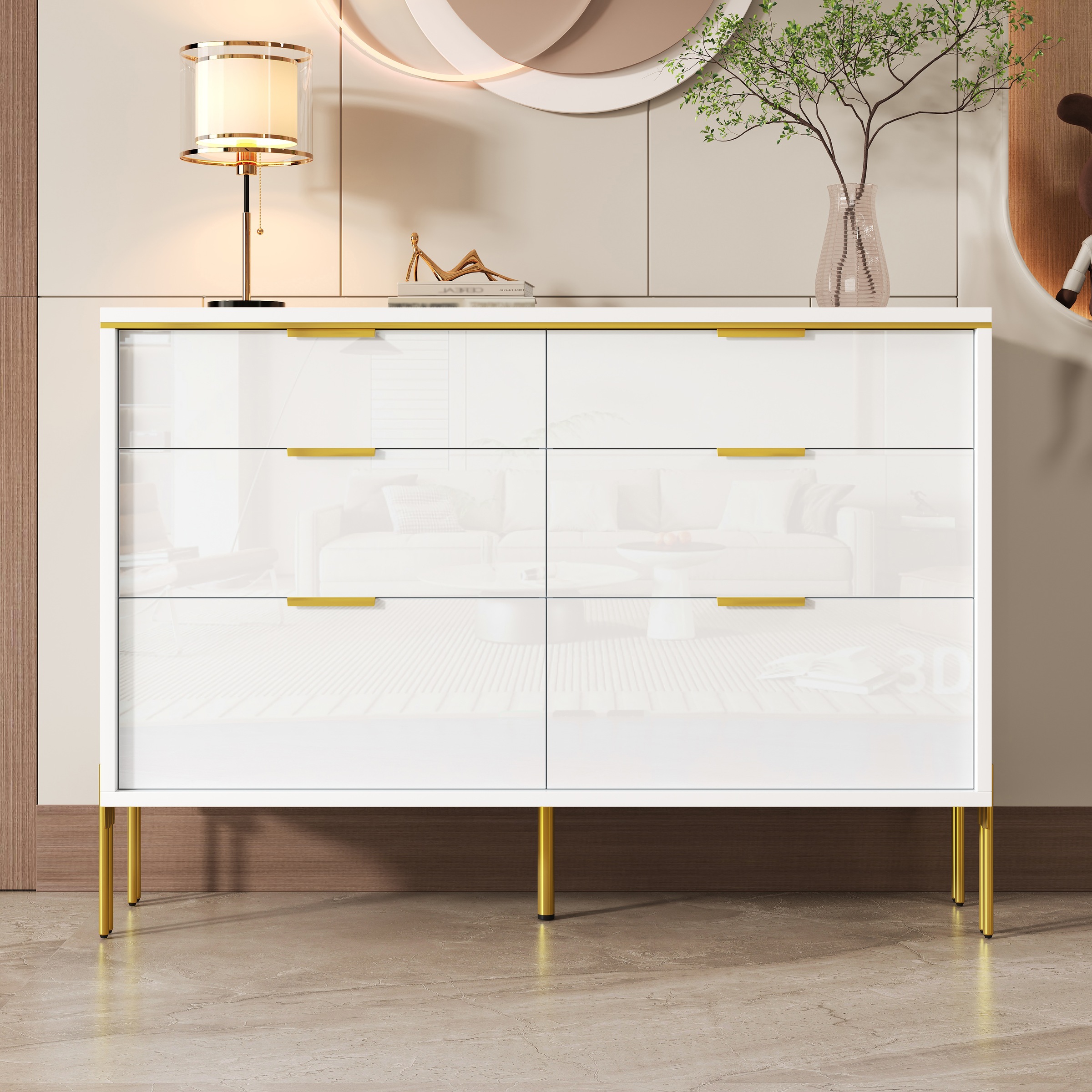 Buffet Blanc, 6 Tiroirs, Rangement, Design Moderne, Structure Robuste - Panneaux de Particules - 120x40x85.5cm 4