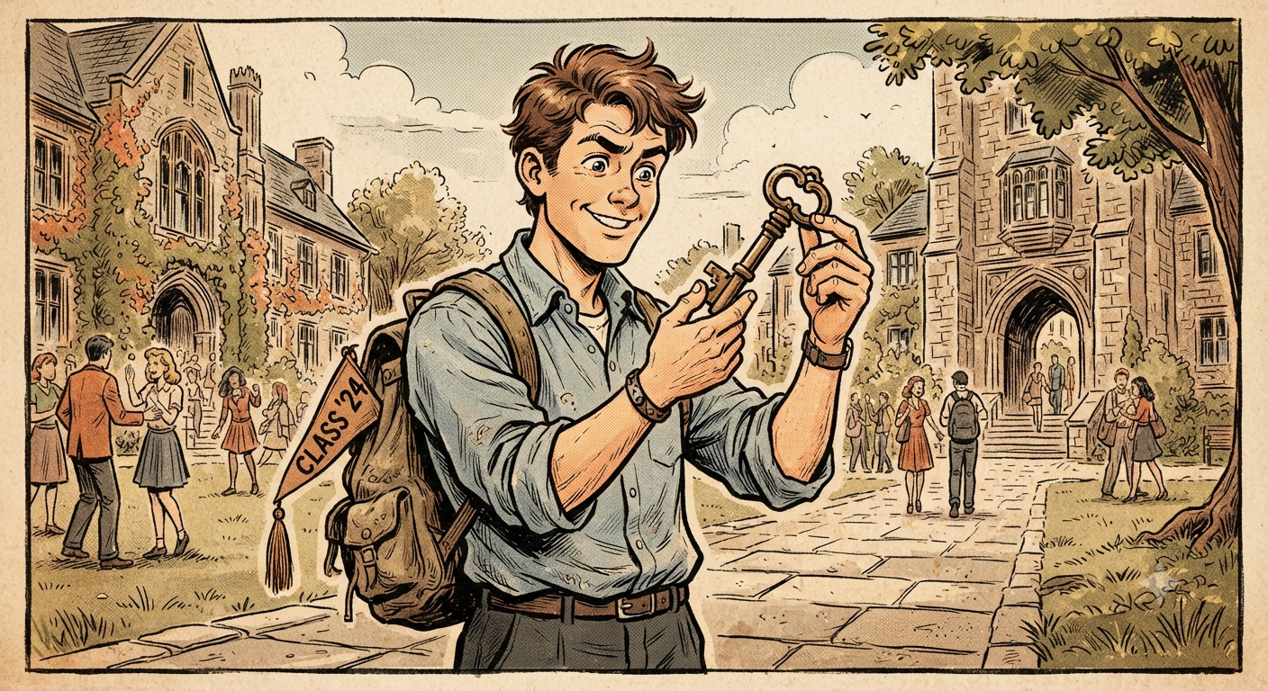 a bright-eyed young college graduate examining a large old-fashioned key