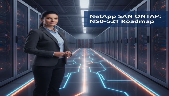 NetApp SAN ONTAP: NS0-521 Roadmap A NetApp SAN ONTAP engineer confidently looking down a glowing holographic roadmap extending into a modern NetApp data center, symbolizing the NS0-521 certification path for career advancement.