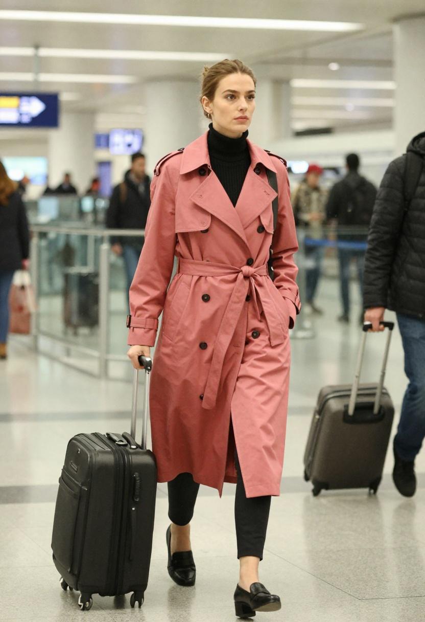 Raspberry pink belted trench coat for business travel connections