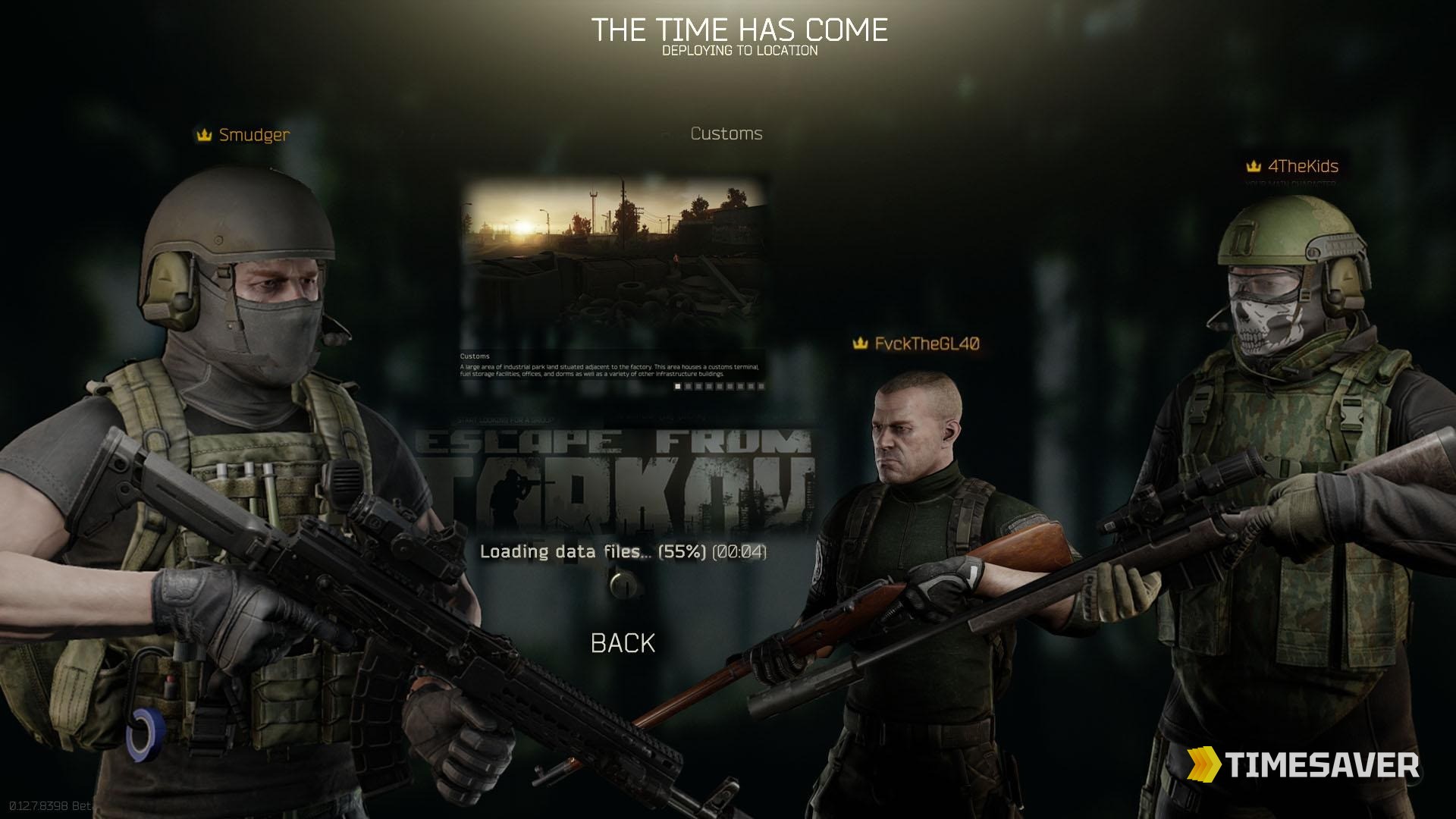 Escape from Tarkov deployment screen with PMC operators before a Customs raid