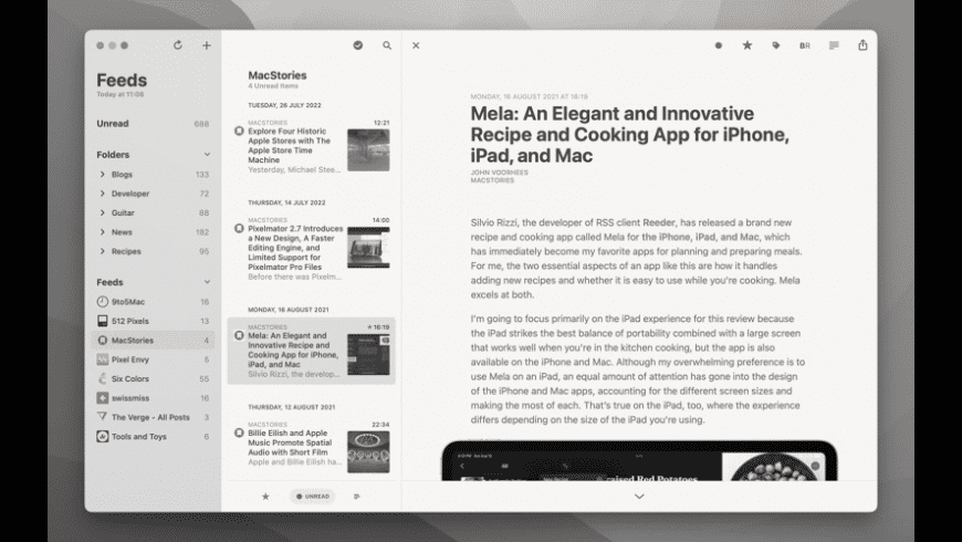 Reeder Mac — article list with image previews and a clean reader view