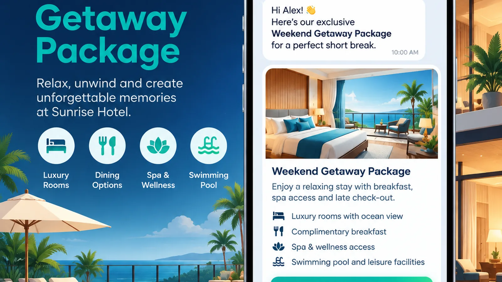 Hotel weekend package WhatsApp marketing broadcast with Book now button