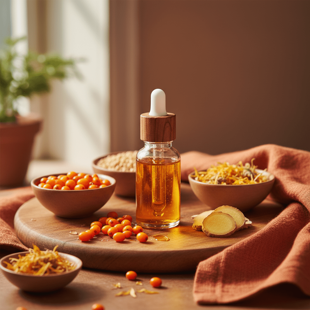 Soothing skincare scene with sea buckthorn oil serum