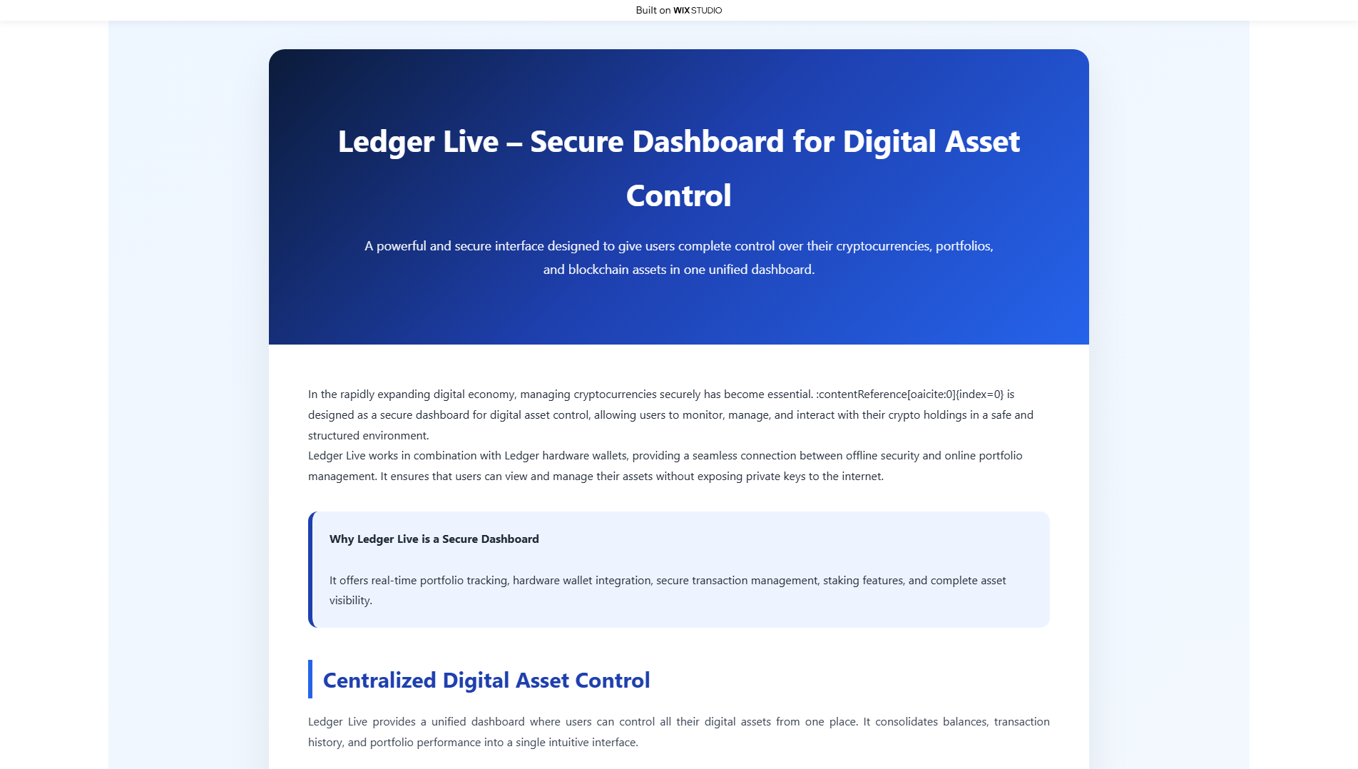 Forensic screenshot of ldger-apps-live.wixstudio.com showing the phishing page layout