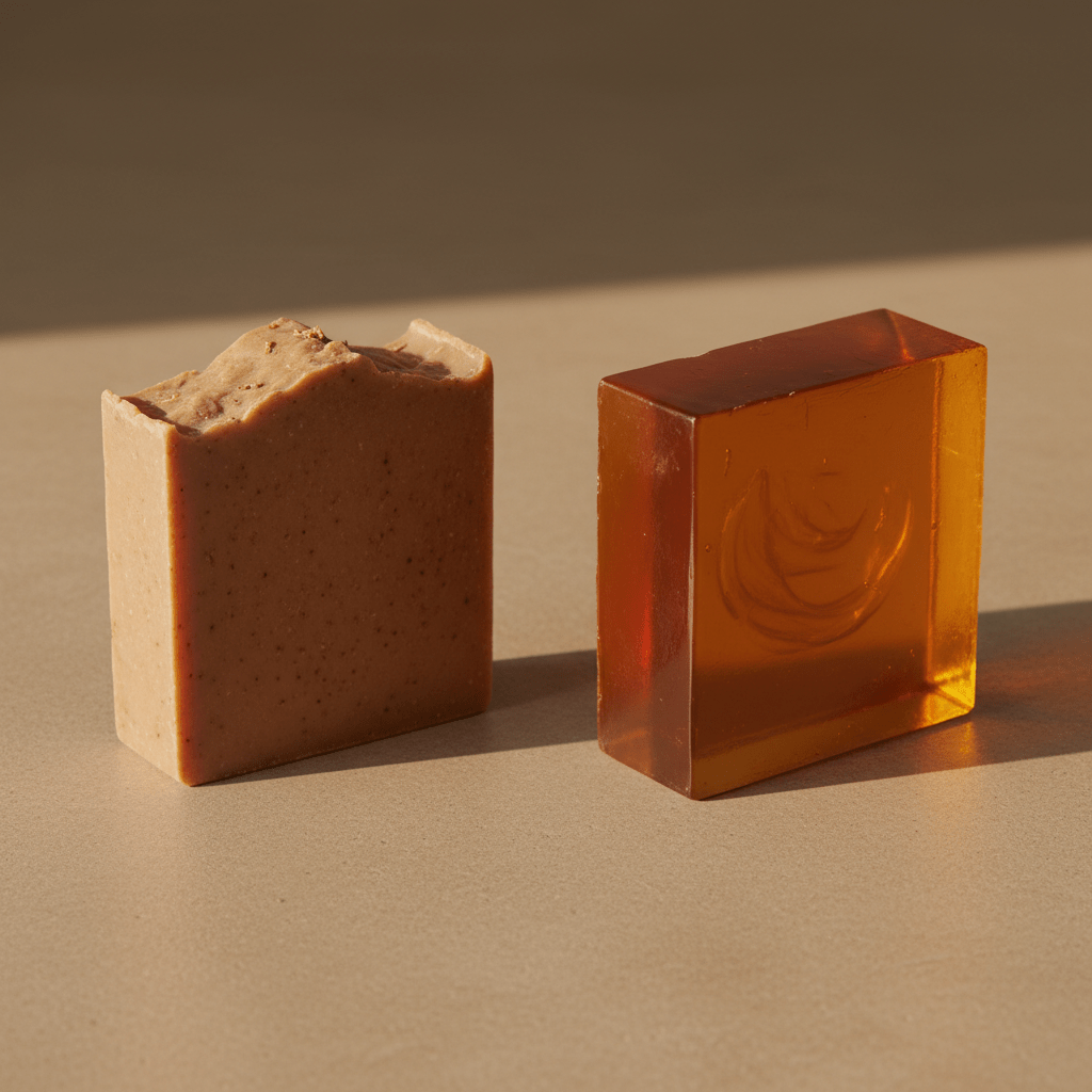 Comparison of an opaque handmade soap bar and a clear melt-and-pour glycerin soap bar on a neutral surface, elegant product shot, warm light