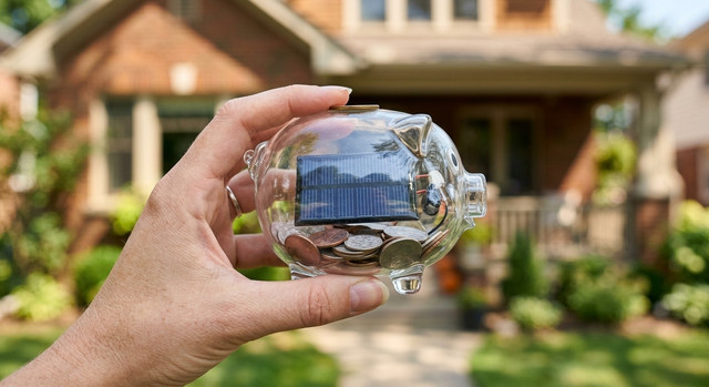 A hand holding a piggy bank with a solar panel inside.