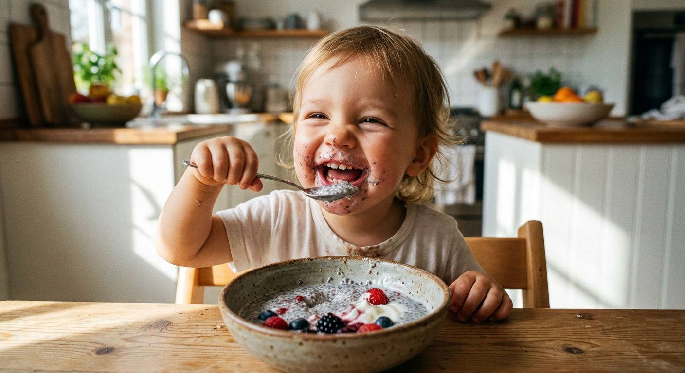 Szczesliwe dziecko jedzace pudding chia.