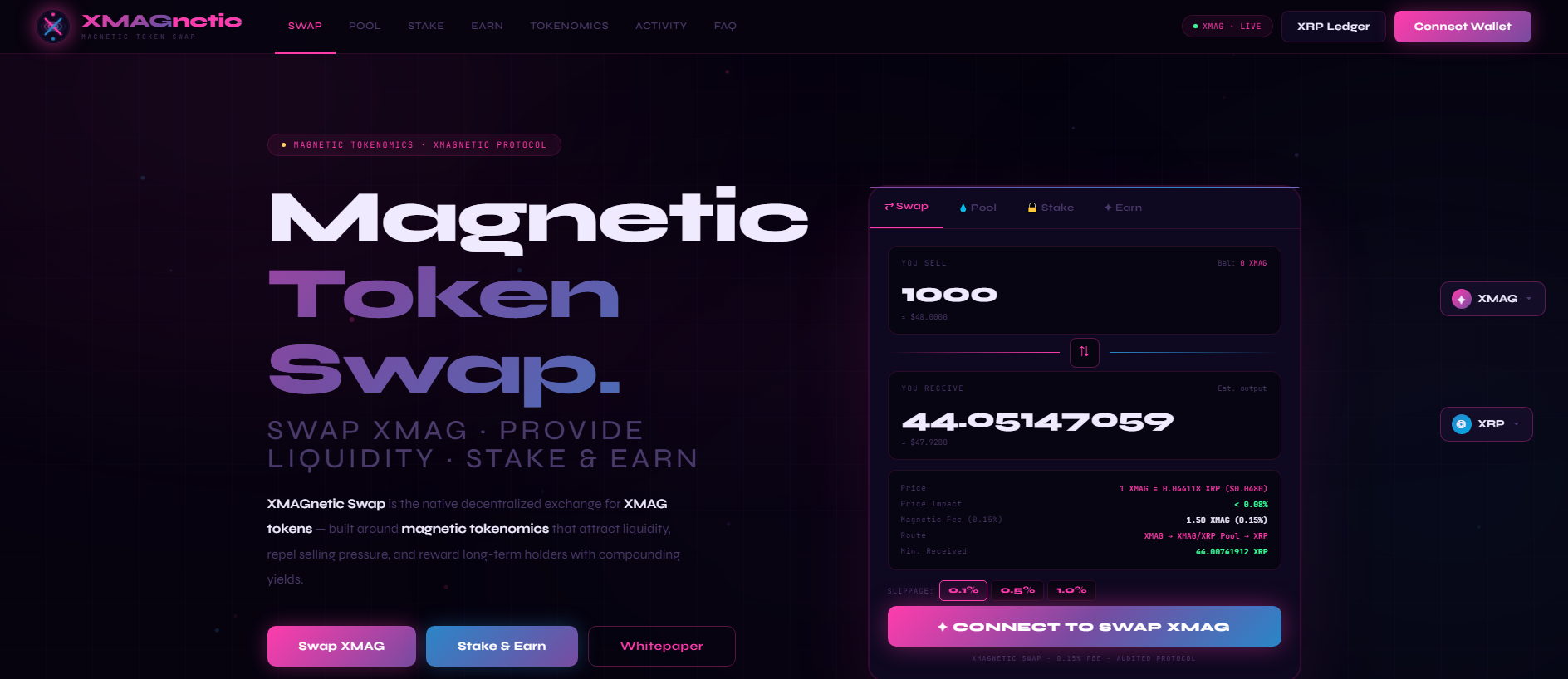 Forensic screenshot of xmagnetic-swap.org showing the phishing page layout