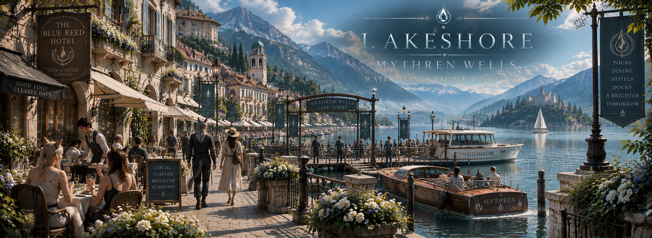 The lively waterfront promenade and docks of Lakeshore in Mythren Wells.