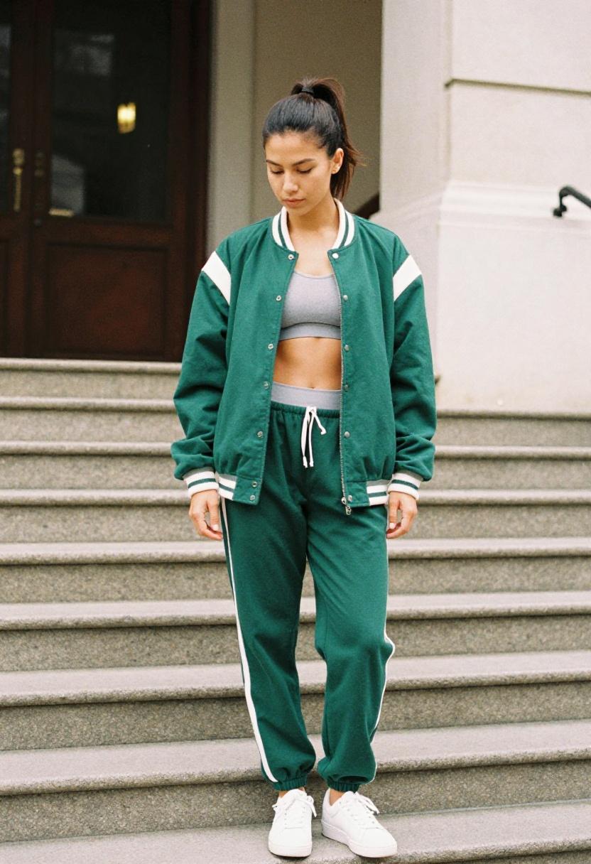 Woman in a matching emerald green varsity jacket and track pants set on urban spring stairs