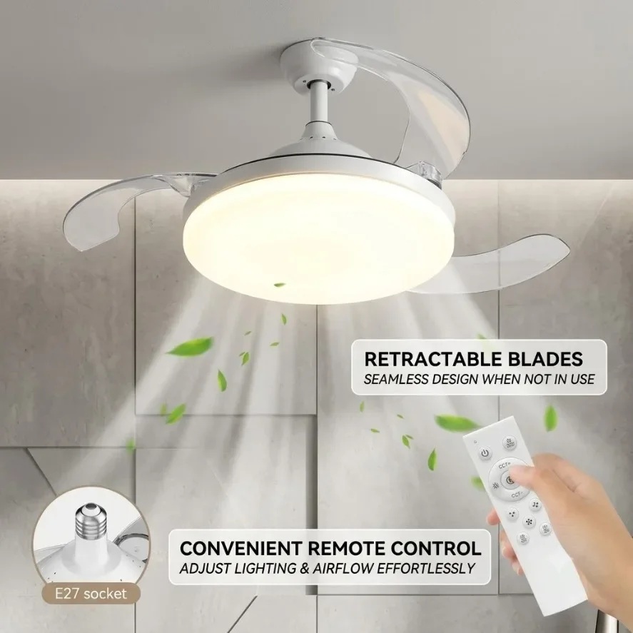 Ventilador de techo con luz, base E27, aspas retráctiles y mando a distancia por 25,99€ usando el #código: <code>ESFS02</code>