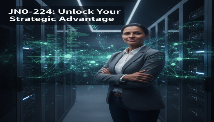 JN0-224: Unlock Your Strategic Advantage A confident network professional in a futuristic data center with glowing automation data streams around Juniper devices, symbolizing strategic mastery and the hidden advantage of JNCIA-DevOps certification.