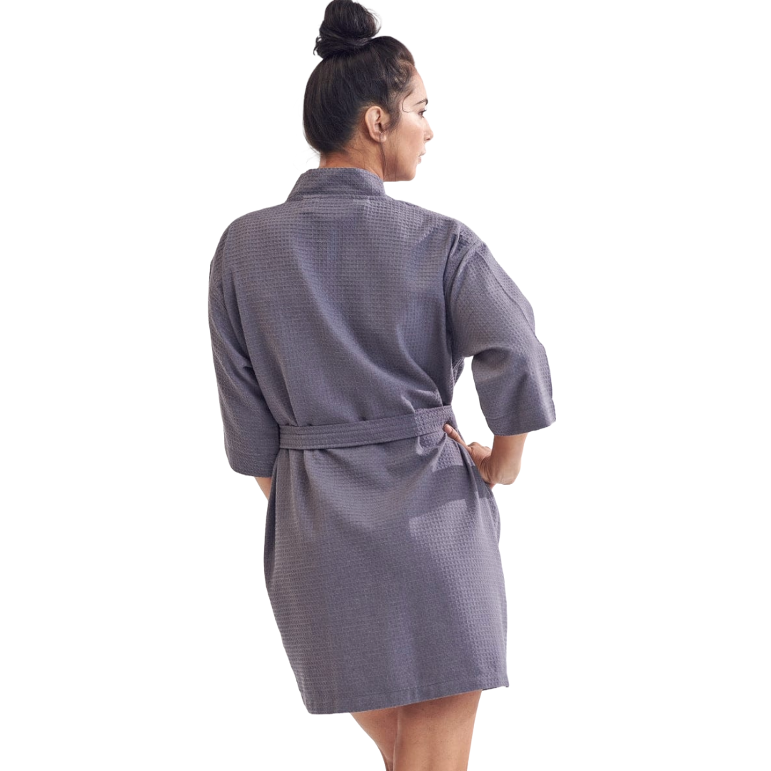 Women's Short Cotton Blend Waffle Kimono Gray Bathrobe (Small/Medium) view 3