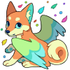 An orange hainu with green wings looks over its shoulder while surrounded by a rainbow flowerfall