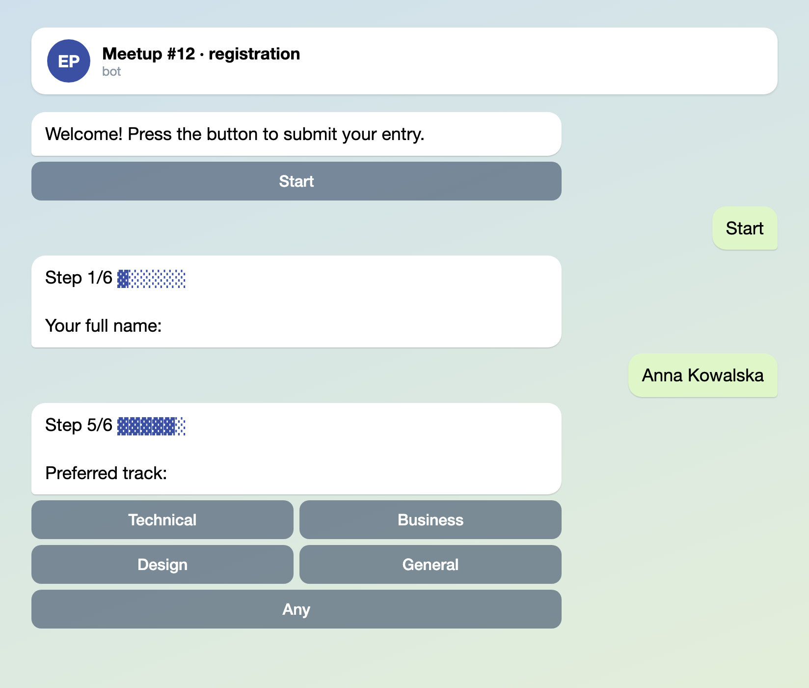 Telegram chat with the registration bot: a Start button, step 1 of 6 asking for the full name, and step 5 of 6 with four track buttons and an Any button