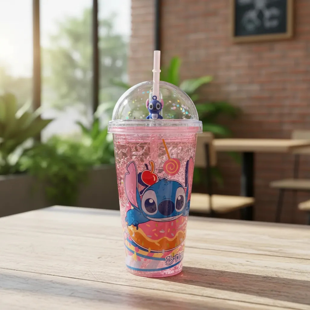 Vaso Stitch rosa con gel refrigerante, tapa y sorbete