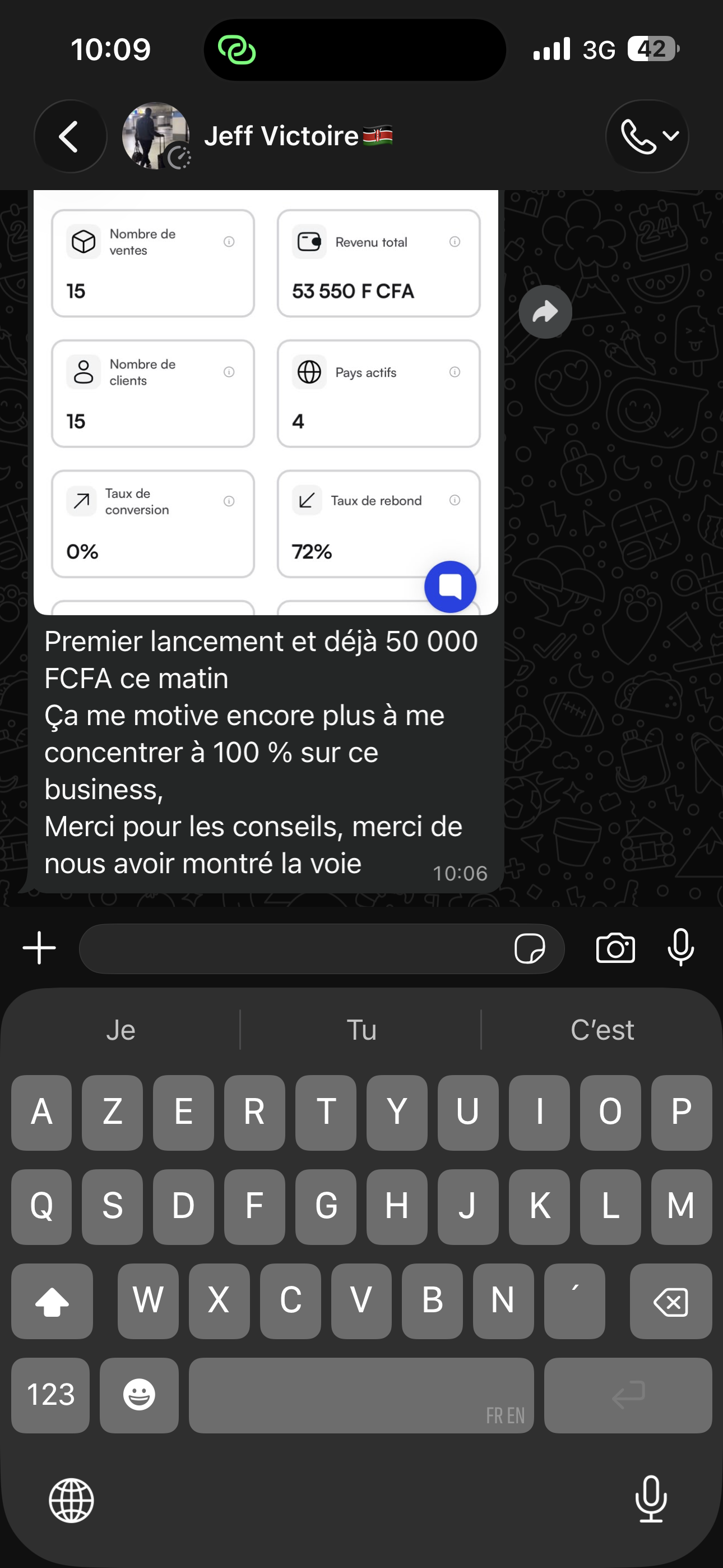 Témoignage client WhatsApp — 53 550 FCFA