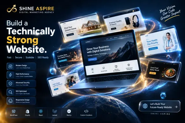 “Shine Aspire digital marketing agency building a technically strong website with responsive web design, SEO optimization, high performance, security, and modern technology”