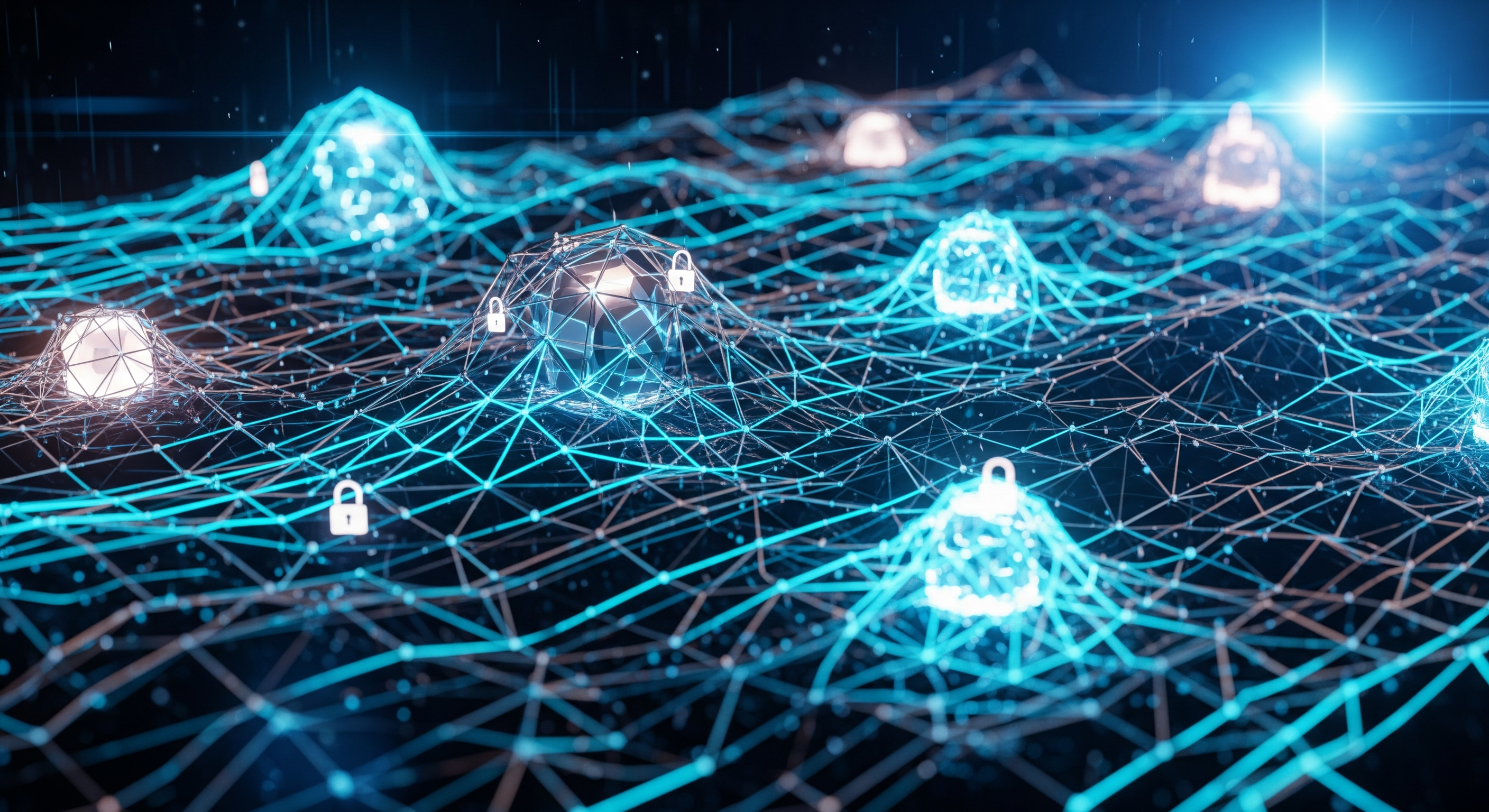 Ultra-modern abstract 3D illustration of a global network fabric: interwoven glowing threads forming a secure mesh around digital nodes, subtle padlock icons embedded, deep blues and electric cyan, cinematic lighting, high detail, wide banner aspect ratio.