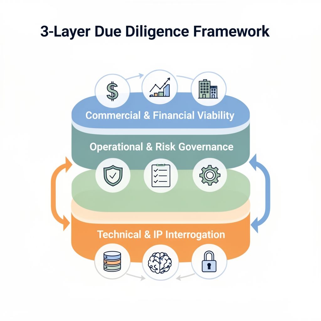 Infographic of the 3-Layer AI Due Diligence Framework: Technical, Operational, and Commercial