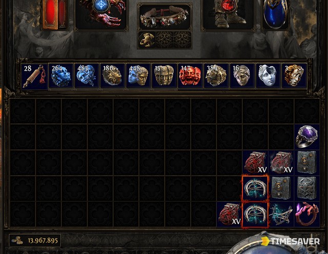 PoE2 inventory with currency stacks and gold