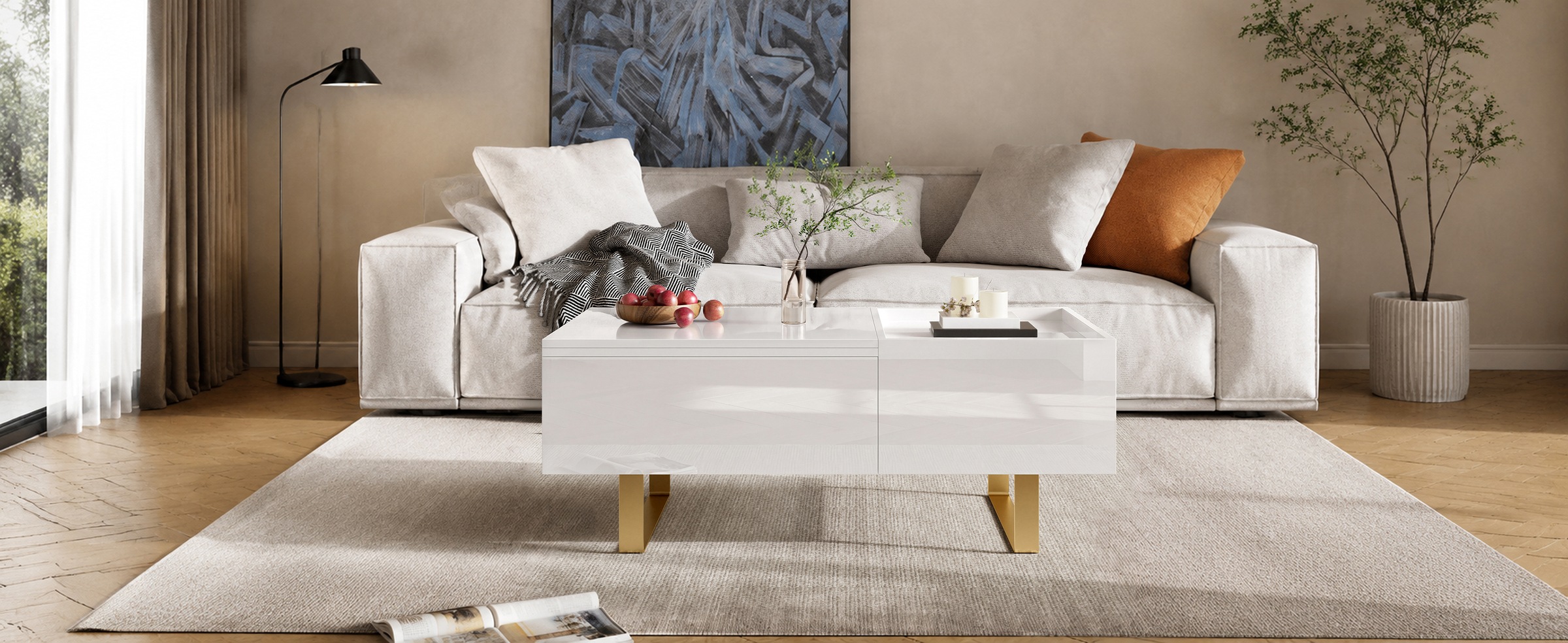 Table Basse Blanc, Rangement, Étagères Réglables, Plan Relevable, 1 Tiroir, Design Moderne - Panneau composite de fibres de bois à densité et Métal - 100x50x54.5cm - Salon 2