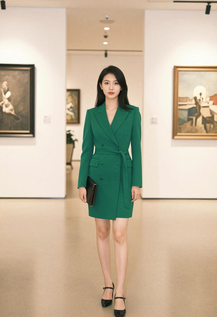Emerald green blazer dress with Mary Jane block heels for standout corporate presence