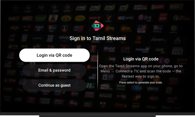 Tamil Streams app screenshot - Sign In, Built for the Big Screen