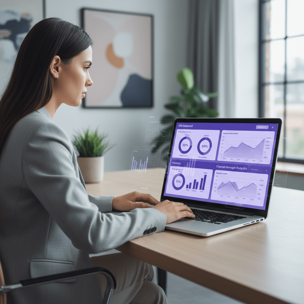 Hotel revenue manager analyzing OTA dashboard and channel manager analytics