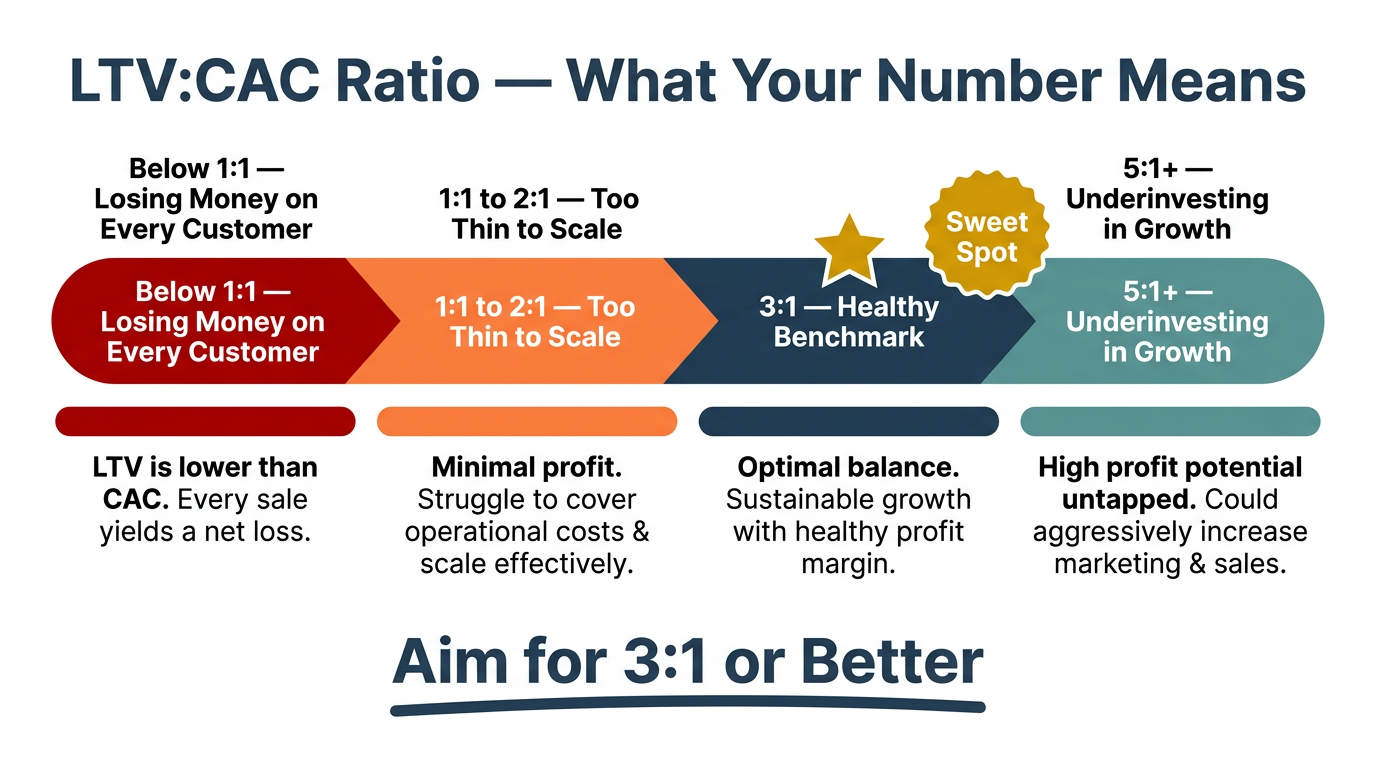 Horizontal gauge diagram illustrating LTV to CAC ratio zones from below 1:1 (losing money) through 3:1 (healthy benchmark sweet spot) to 5:1 and above (underinvesting in growth)