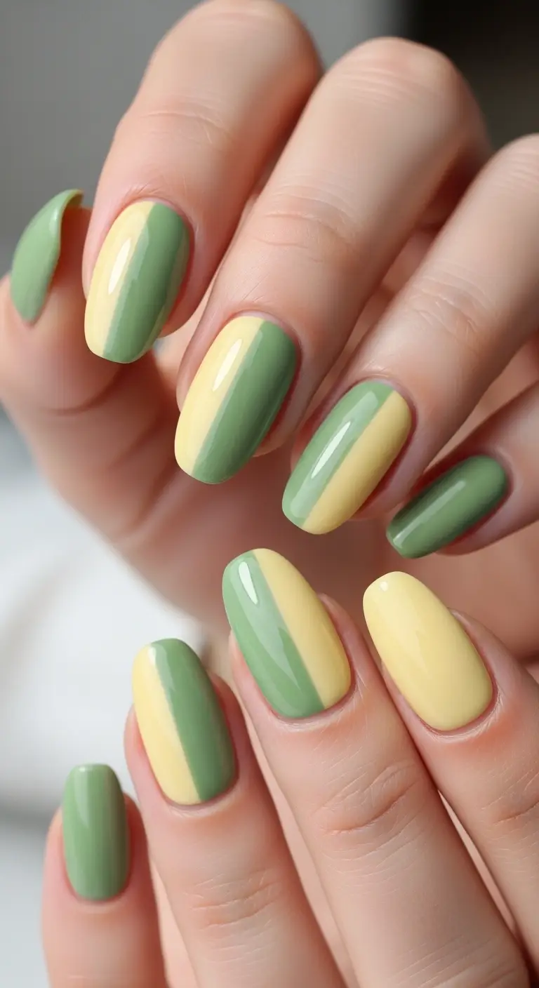 Butter Yellow and Sage Green Color Block Squoval Nails
