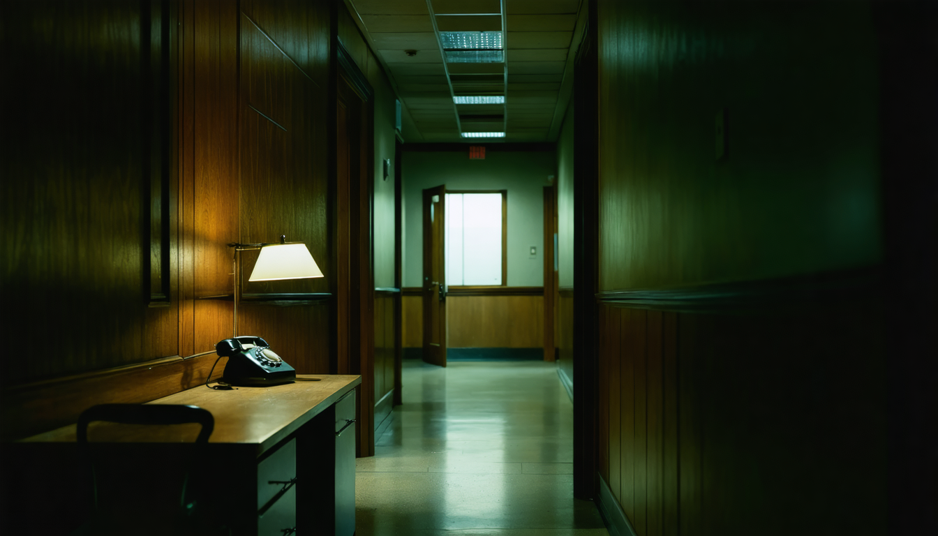 An empty night office with an open door, a phone off the hook, and dust drifting in a shaft of corridor light—nobody bothering to close it.