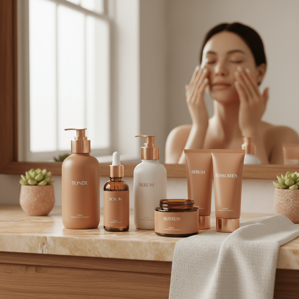 Photorealistic elegant vanity routine scene showing layered skincare steps with hands applying toner, serum, moisturizer, and sunscreen