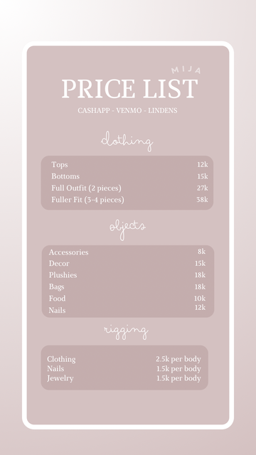 Pink Modern Price List
